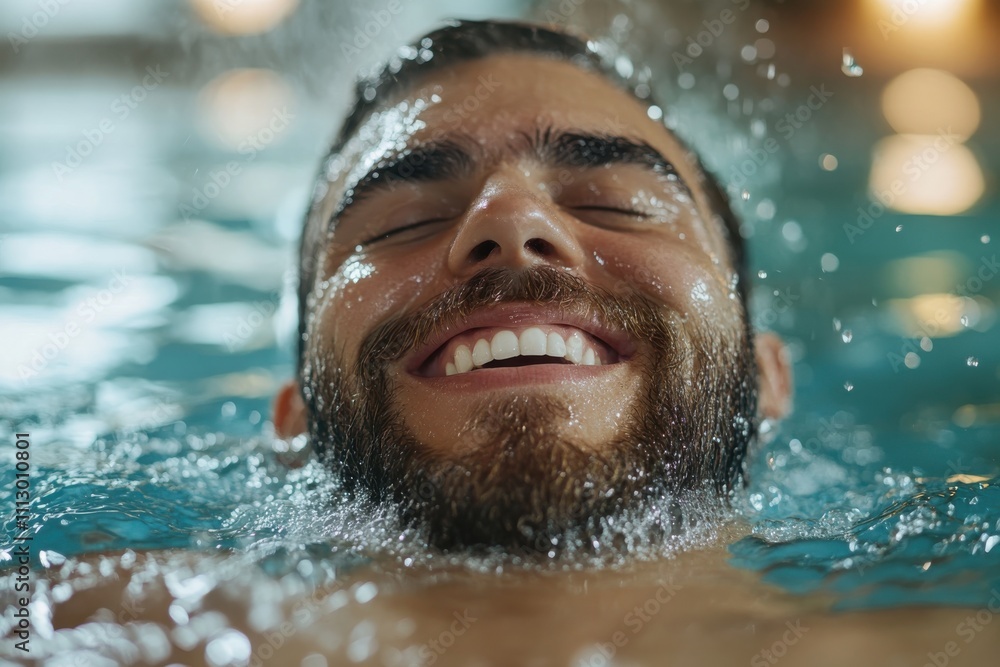 A smiling man enjoys a swim in calm pool water, embodying joy and relaxation as droplets dance around him, representing a perfect summer moment captured in time. A smiling man enjoys a swim in calm pool water, embodying joy and relaxation as droplets dance around him, representing a perfect summer moment captured in time.
