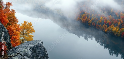 Foggy mountain lake with vibrant autumn trees reflecting on the watera??s surface, viewed from a high cliff edge. photo