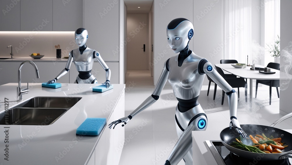 A humanoid AI robot helping with household chores, such as cleaning and cooking, in a modern home A humanoid AI robot helping with household chores, such as cleaning and cooking, in a modern home