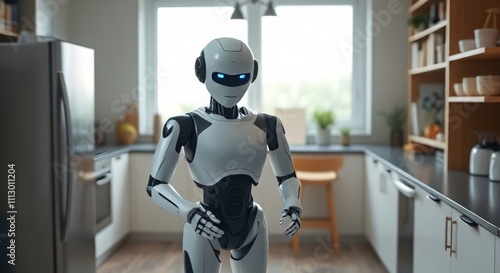 A humanoid AI robot helping with household chores, such as cleaning and cooking, in a modern home