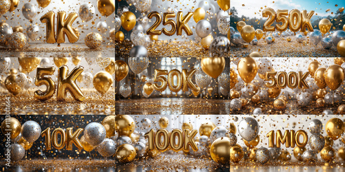 Set collection of subscriper social media number celbration with golden foil number balloon confetti and party. Background for milestones like 10k 50k 100k  follower photo