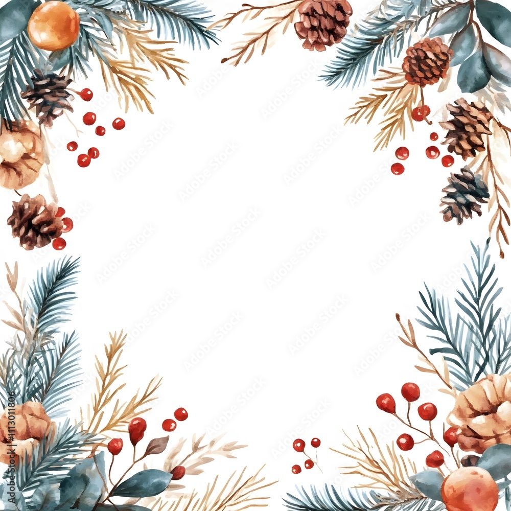 Watercolor Christmas frame with flowers on white background Watercolor Christmas frame with flowers on white background