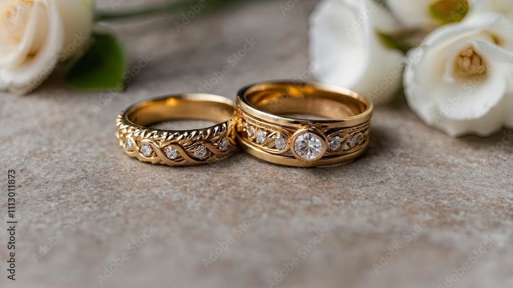 Two gold wedding rings and a groom's boutonniere. Close-up. Love concept. Accessories for the bride and groom Two gold wedding rings and a groom's boutonniere. Close-up. Love concept. Accessories for the bride and groom