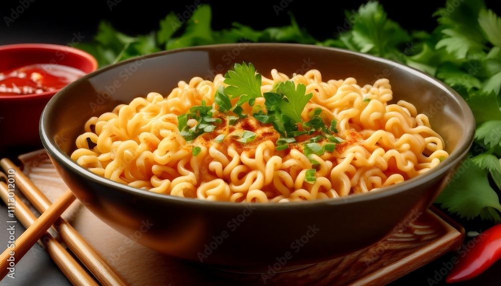 Close up of flavorful instant noodles in spicy broth garnished with cilantro and sesame seeds. Generative AI Close up of flavorful instant noodles in spicy broth garnished with cilantro and sesame seeds. Generative AI