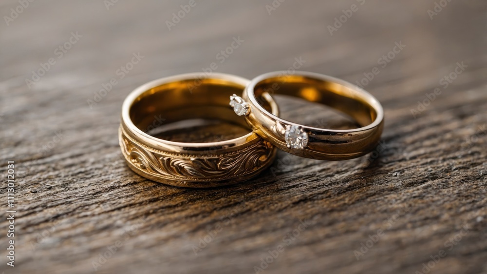 Two gold wedding rings and a groom's boutonniere. Close-up. Love concept. Accessories for the bride and groom Two gold wedding rings and a groom's boutonniere. Close-up. Love concept. Accessories for the bride and groom