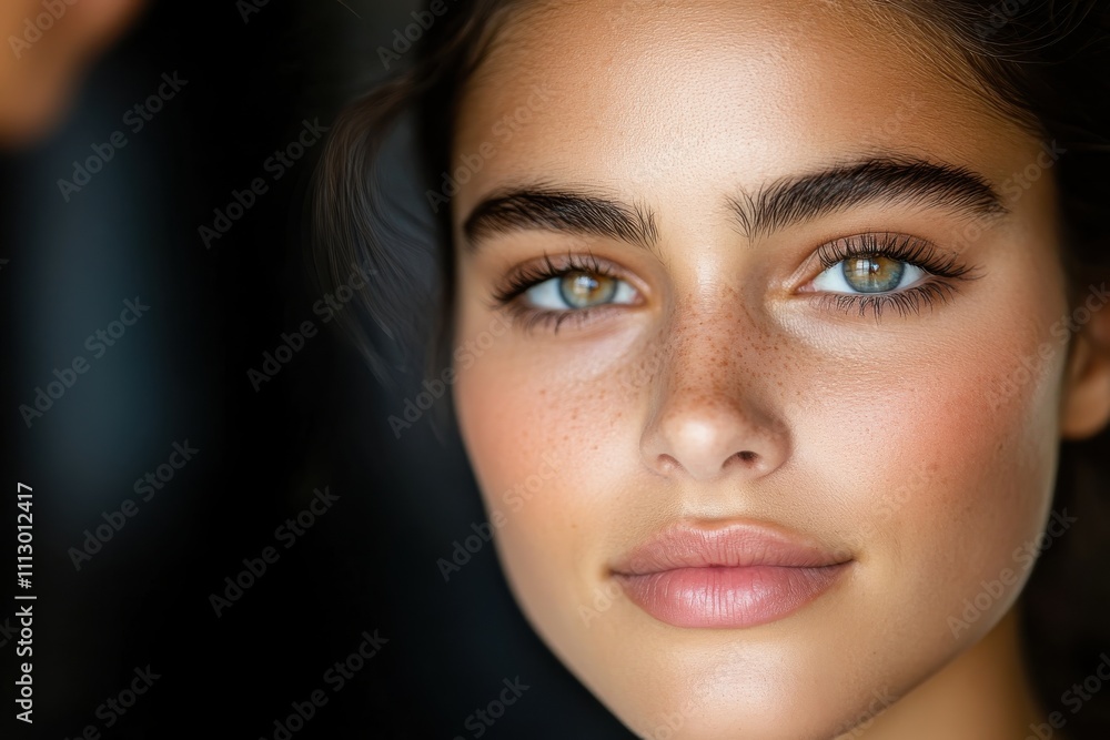 This close-up highlights a woman's intense gaze and charming freckles, combining stunning makeup with natural beauty, capturing a moment of pure expression and emotion. This close-up highlights a woman's intense gaze and charming freckles, combining stunning makeup with natural beauty, capturing a moment of pure expression and emotion.