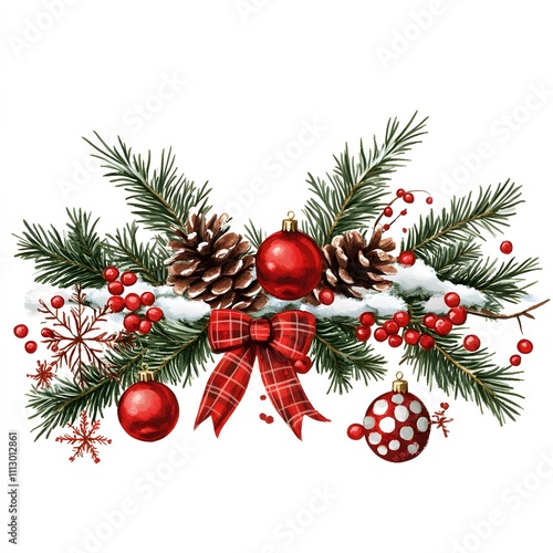  Illustration christmas tree branch with christmas decorations pinecone and winterberry christmas baubles on white background