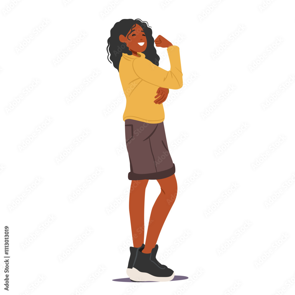 Attractive fashion style teenager girl isolated cartoon character showing power arm sign gesture Attractive fashion style teenager girl isolated cartoon character showing power arm sign gesture