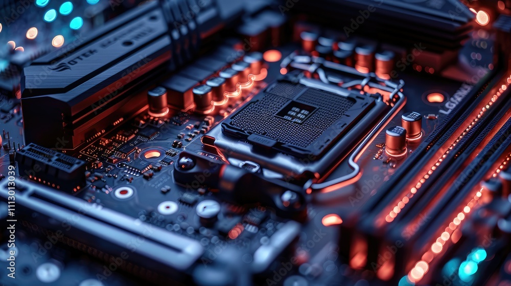 Close-up of a computer motherboard with CPU, showcasing intricate circuitry and glowing components. Close-up of a computer motherboard with CPU, showcasing intricate circuitry and glowing components.