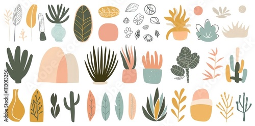 Colorful botanical illustrations featuring various plants, leaves, and cacti in soft pastel shades against a white background. Nature and gardening concept.
