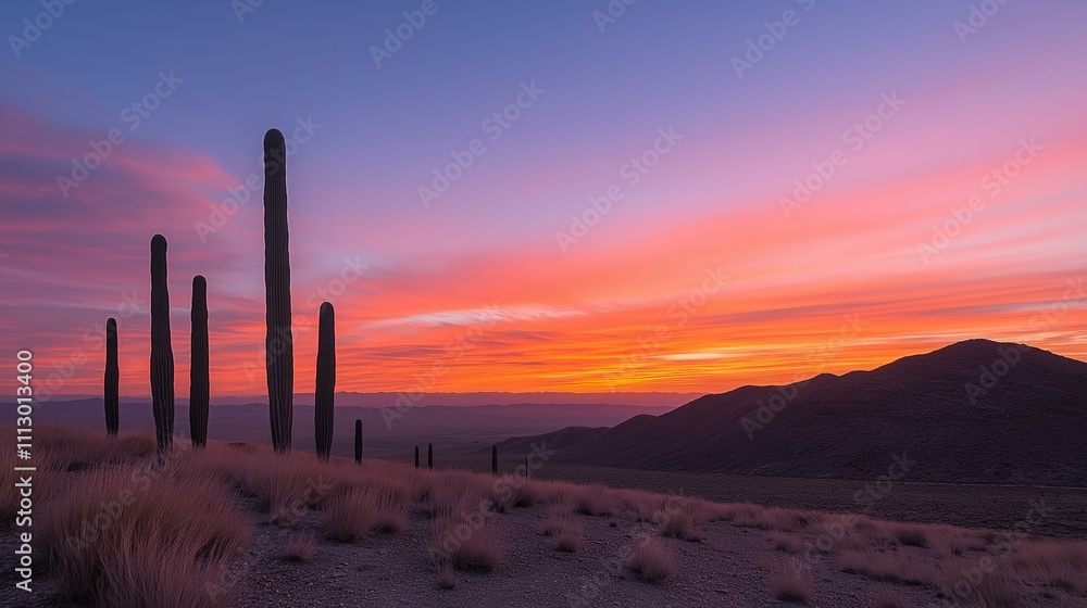 Cacti on Desert Hillside at Sunset with Mountains Cacti on Desert Hillside at Sunset with Mountains