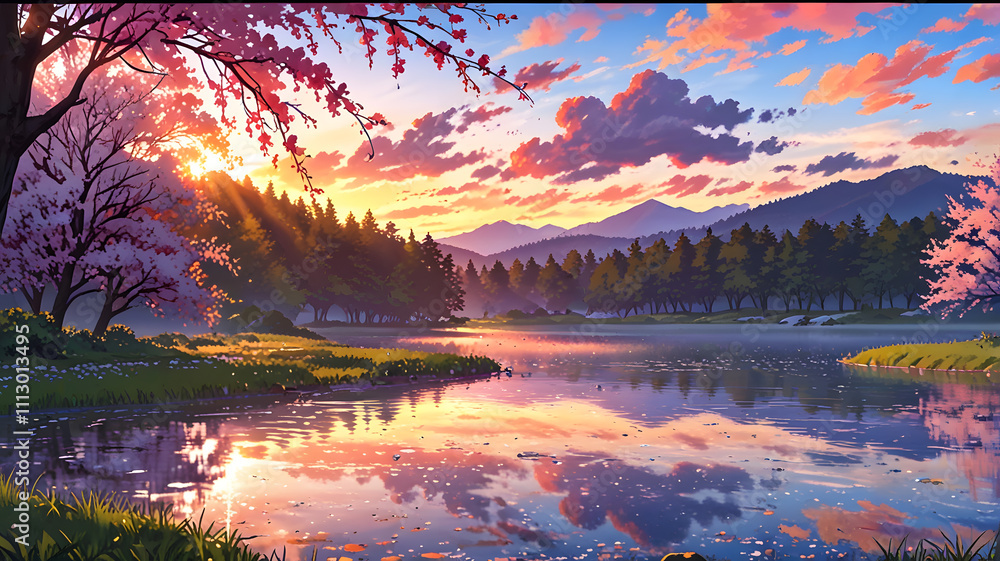 Vibrant Sunset Over Anime Landscape 4 Vibrant Sunset Over Anime Landscape 4