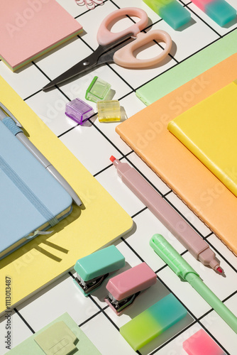 Neatly arranged school office stationery supplies