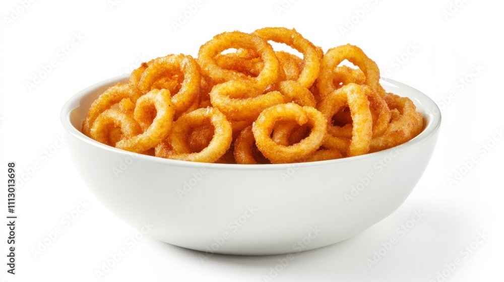 A portion of curly fries placed in a clean white bowl, arranged in a neat pile. The fries are golden brown and crispy, sitting on a smooth white surface A portion of curly fries placed in a clean white bowl, arranged in a neat pile. The fries are golden brown and crispy, sitting on a smooth white surface