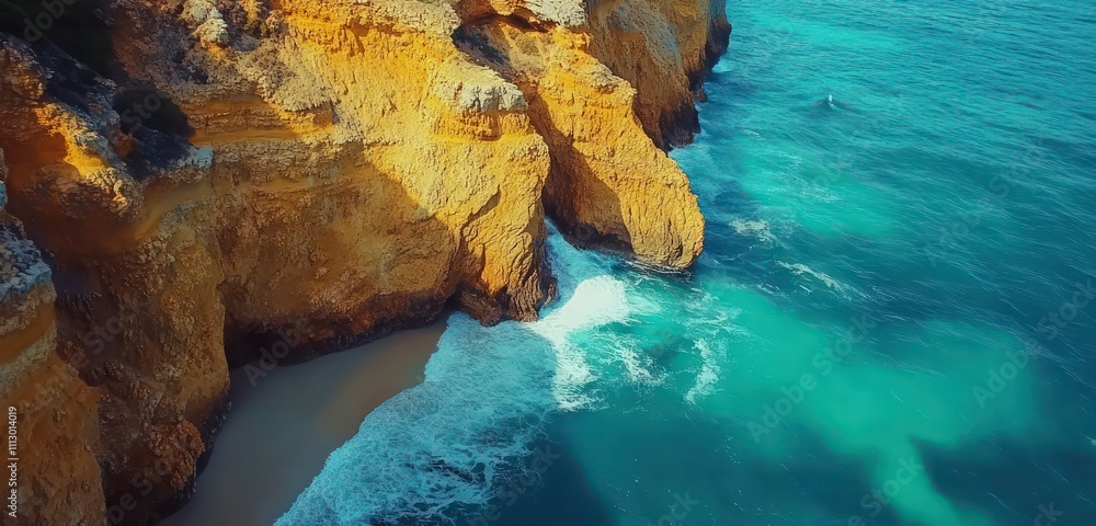 Golden cliffs meeting turquoise waters, viewed from a high perspective, with waves crashing at the base of the cliffs. Golden cliffs meeting turquoise waters, viewed from a high perspective, with waves crashing at the base of the cliffs.