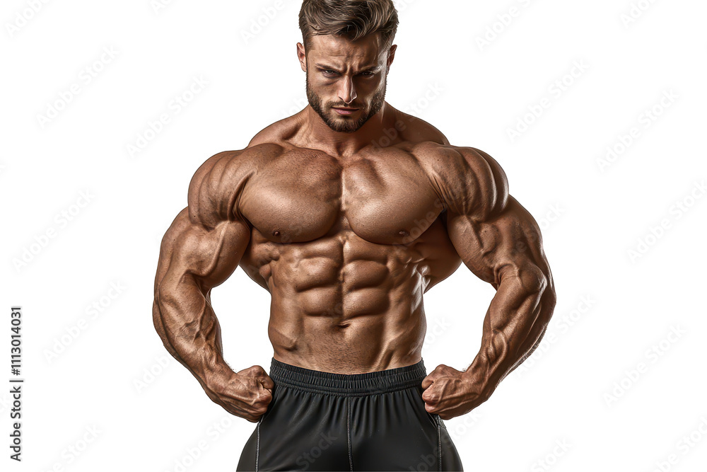 Male jock with pronounced biceps flexed to show strength, on a clean white background Male jock with pronounced biceps flexed to show strength, on a clean white background