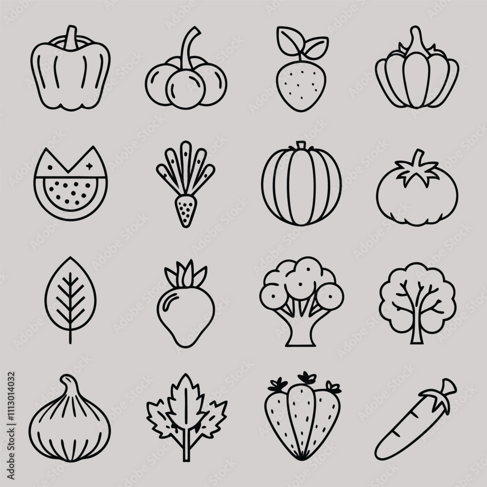 Creative Icon Set Featuring Assorted Vegetables and Fruits Including Strawberries, Broccoli, and Carrots for Interactive Learning Creative Icon Set Featuring Assorted Vegetables and Fruits Including Strawberries, Broccoli, and Carrots for Interactive Learning
