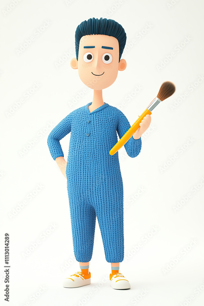 A cheerful animated character in a blue outfit holding a paintbrush, ready to create art. A cheerful animated character in a blue outfit holding a paintbrush, ready to create art.