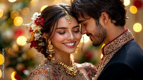 A romantic close-up of a bride and groom in traditional South Asian attire, exchanging tender glances amidst a warm, bokeh-filled backdrop.