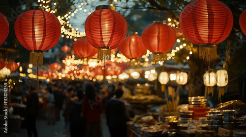 Lanterns glowing beautifully during lantern festival cultural celebration at night market