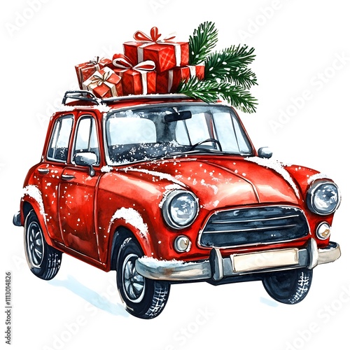 Watercolor sketch of a red retro car with Christmas tree snow and gift boxes on a white background	
