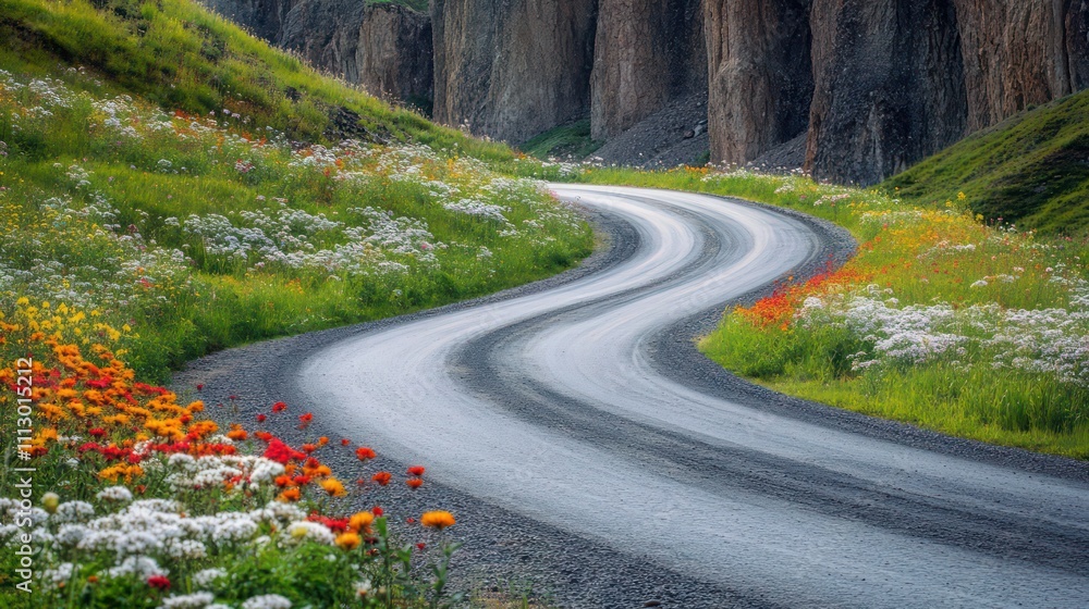 Road winding through highland meadows, surrounded by wildflowers and bordered by steep cliffs. Road winding through highland meadows, surrounded by wildflowers and bordered by steep cliffs.