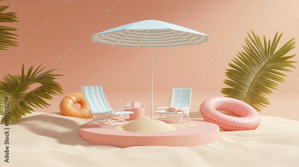 Obraz premium Pastel beach scene with beach chairs, umbrella. Relaxing summer vacation concept. Minimalist design with inflatable ring, palm leaves. Ideal for product display advertisement. Perfect summer holiday