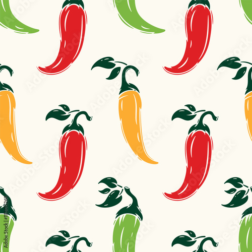 Chili Pepper Seamless Pattern. Hot Chilli Taste. Spicy Food. Hand drawn. Vector illustration.