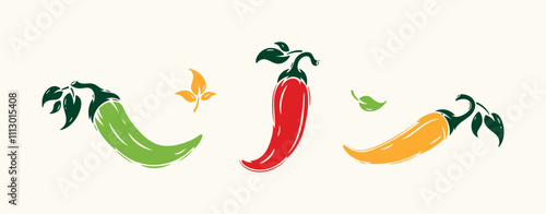 Vector Set of Chili Peppers. Hot Chilli Taste. Spicy Food. Hand drawn illustration.