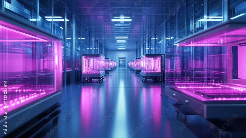 Futuristic sterile lab with rows of illuminated glass chambers. Futuristic sterile lab with rows of illuminated glass chambers.