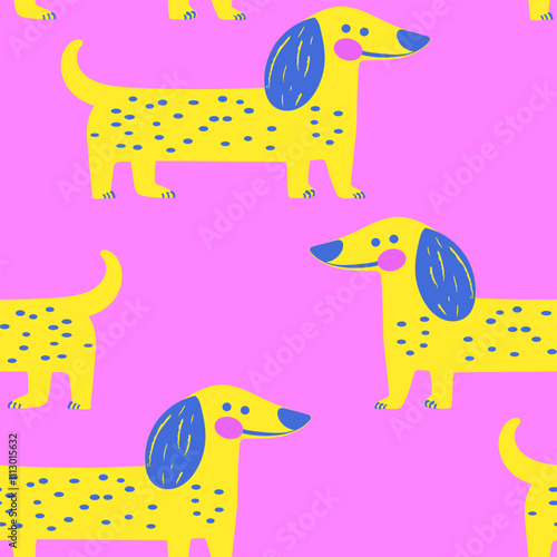 Cute dachshund pattern. Hand drawn seamless texture with dogs. Vector illustration