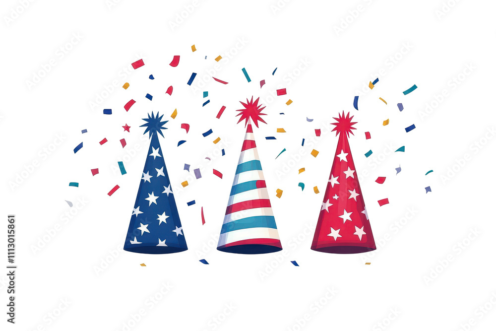 Bright hats with red and white stripes and stars on a white background, perfect for New Year's holidays Bright hats with red and white stripes and stars on a white background, perfect for New Year's holidays