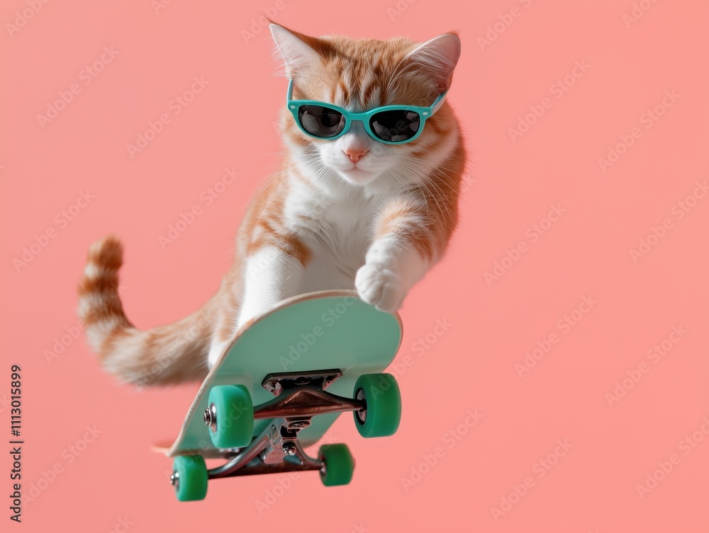 custom made wallpaper toronto digitalStylish tabby cat in green sunglasses skateboarding against a soft pink background. Fun and dynamic concept showcasing an energetic and trendy pet.