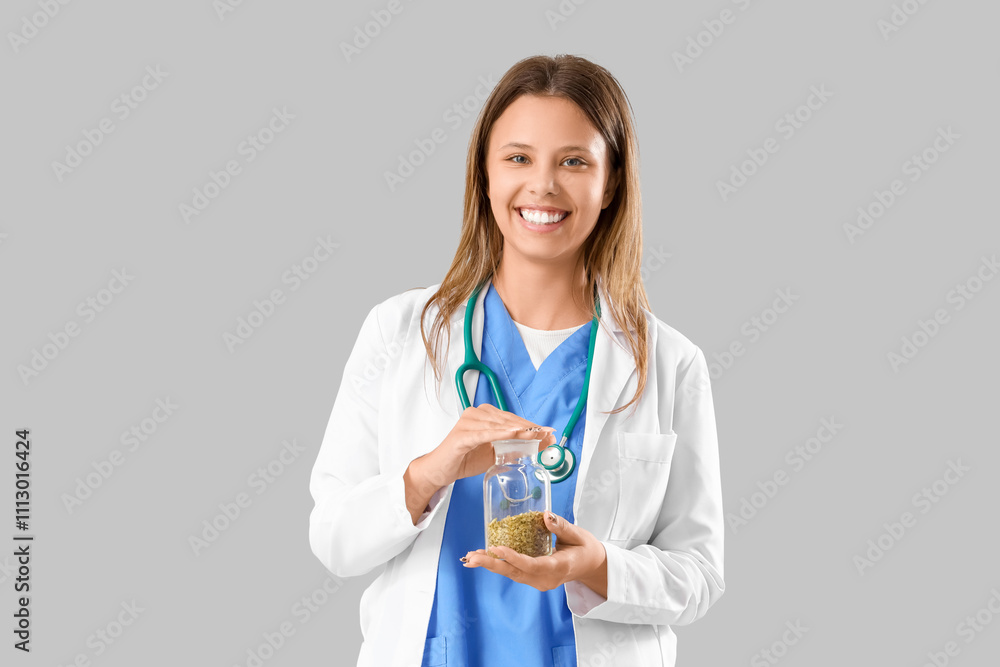 Female homeopathic doctor with herbs on light background Female homeopathic doctor with herbs on light background