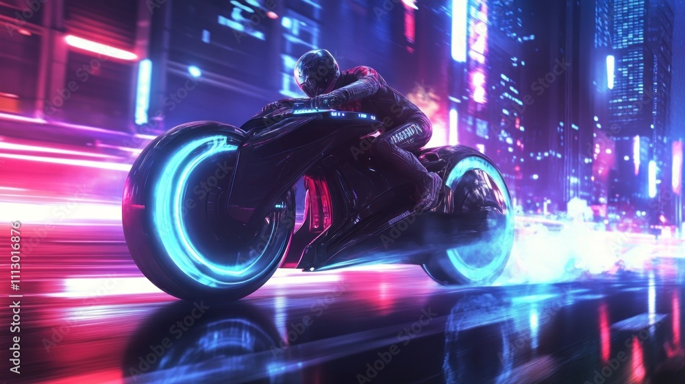 A futuristic electric bike racing through a neon-lit city. A futuristic electric bike racing through a neon-lit city.