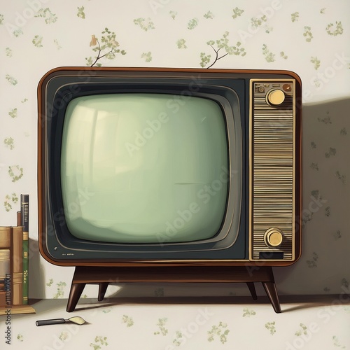 Retro tv stands in room with floral wallpaper. Vintage tv with muted color palette. Old tv technology. Simple interior design. Nostalgic piece of tech. Interior scene. photo