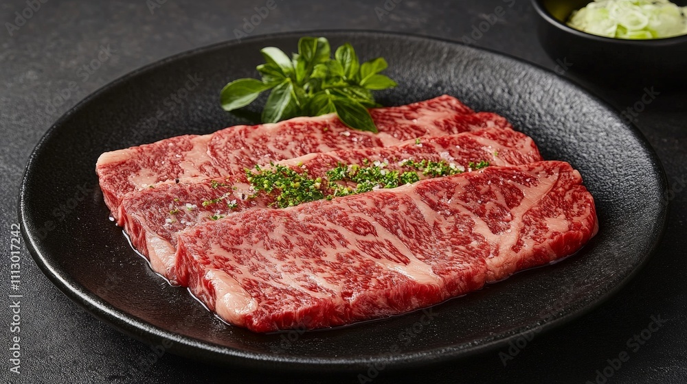 A plate of marbled beef slices garnished with herbs, ready for cooking or grilling. A plate of marbled beef slices garnished with herbs, ready for cooking or grilling.
