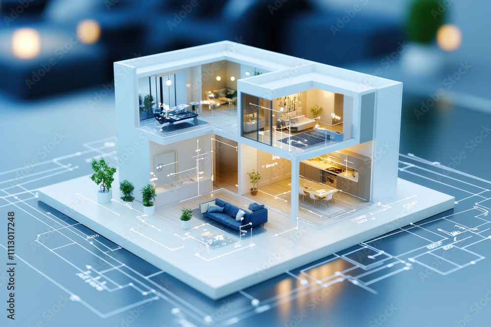 House blueprint. A modern architectural model showcasing a stylish home with large windows and a minimalist design, set against a blueprint background. House blueprint. A modern architectural model showcasing a stylish home with large windows and a minimalist design, set against a blueprint background.