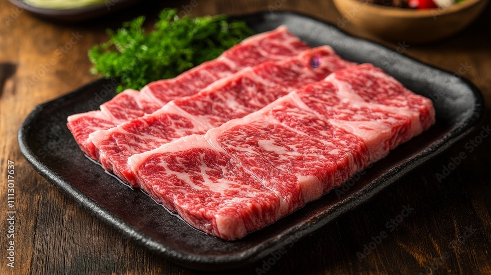 A plate of marbled beef slices, ready for cooking or grilling. A plate of marbled beef slices, ready for cooking or grilling.