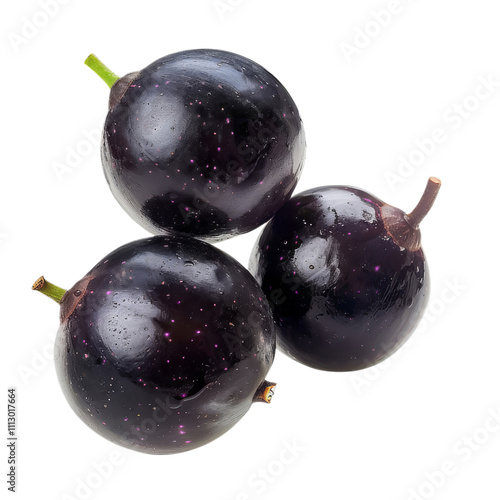 Three shiny black plums stacked together, showcasing their smooth skin and vibrant color. photo