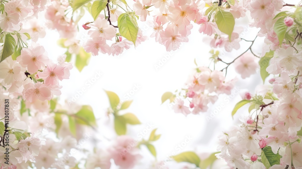 A dreamy border of pink cherry blossoms and green leaves evokes spring's peace and beauty. A dreamy border of pink cherry blossoms and green leaves evokes spring's peace and beauty.