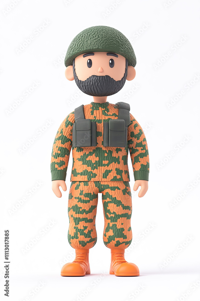 A toy soldier figure dressed in camouflage attire with a helmet, representing military themes. A toy soldier figure dressed in camouflage attire with a helmet, representing military themes.