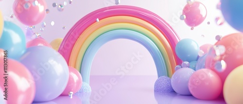 Rainbow arch is surrounded by pastel balloons and glitter spheres on a soft pink background. The glossy, candy-colored elements with purple, pink, and blue balloons. Generative AI