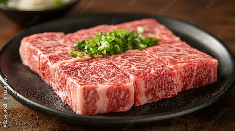 A plate of marbled beef, garnished with chopped green onions, ready for cooking or serving. A plate of marbled beef, garnished with chopped green onions, ready for cooking or serving.