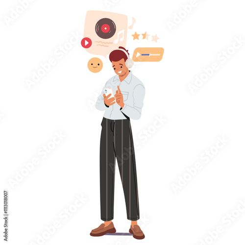 Young fashion guy cartoon character using smartphone to listen to music standing isolated on white