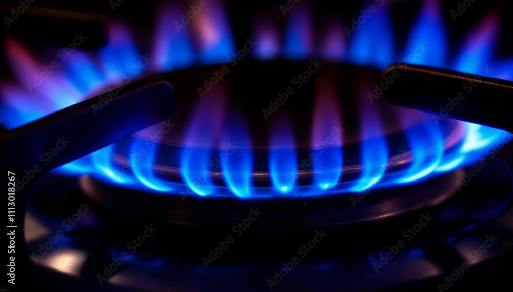 Intense blue flames burning on a gas stove burner, showcasing texture and energy. Intense blue flames burning on a gas stove burner, showcasing texture and energy.