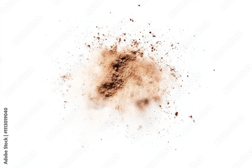 A top-down view of an isolated pile of dust particles, featuring cinnamon powder. The background is white, and the ground around it appears to be solid, with no other objects present. This composition A top-down view of an isolated pile of dust particles, featuring cinnamon powder. The background is white, and the ground around it appears to be solid, with no other objects present. This composition