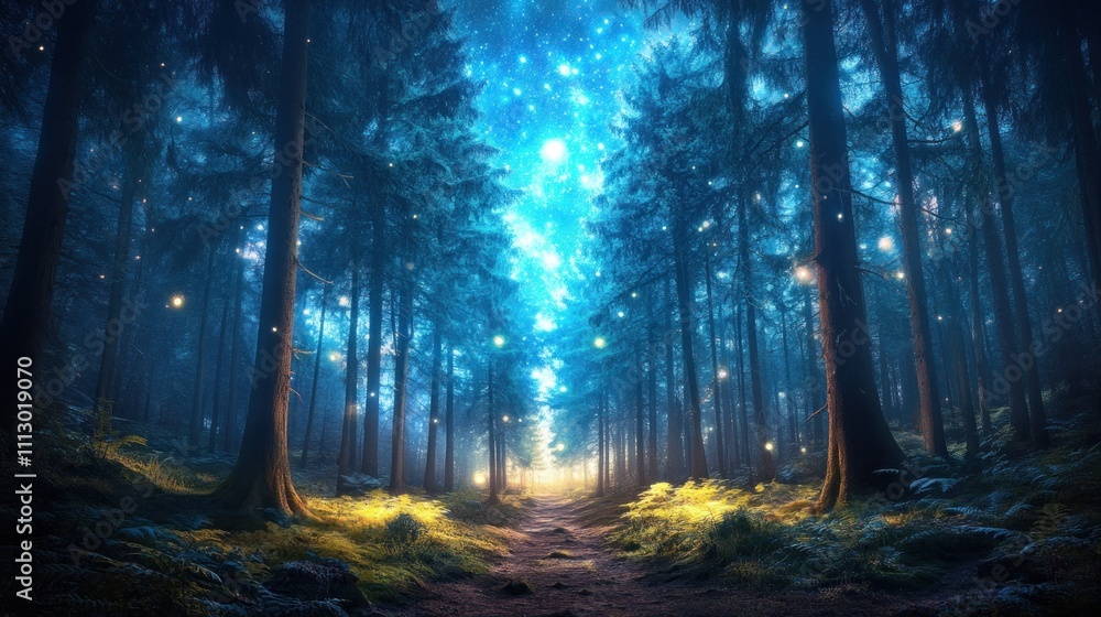 Fototapeta premium A mystical forest illuminated by glowing lights and a starry sky, inviting exploration.