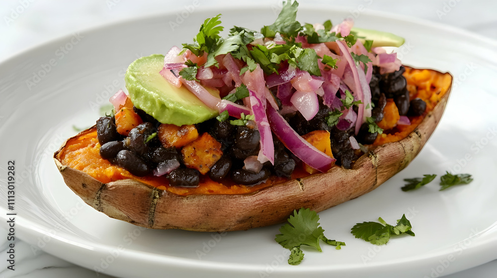 Loaded Baked Sweet Potato with Black Bean Salsa and Avocado, Vegetarian Main Photography Loaded Baked Sweet Potato with Black Bean Salsa and Avocado, Vegetarian Main Photography