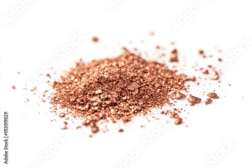 A small amount of copper dust particles scattered on a white background, top view, flat, isolated, on the left side of the composition, product photography, high resolution, high detail, photorealisti photo